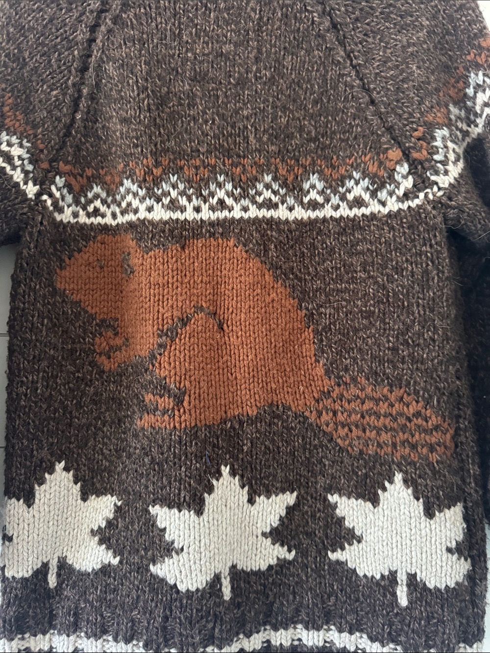 Mary Maxim Roots Colab Size XS ( Generous) Hand Knit Beaver Cardigan Full Zip - Picture 12 of 17